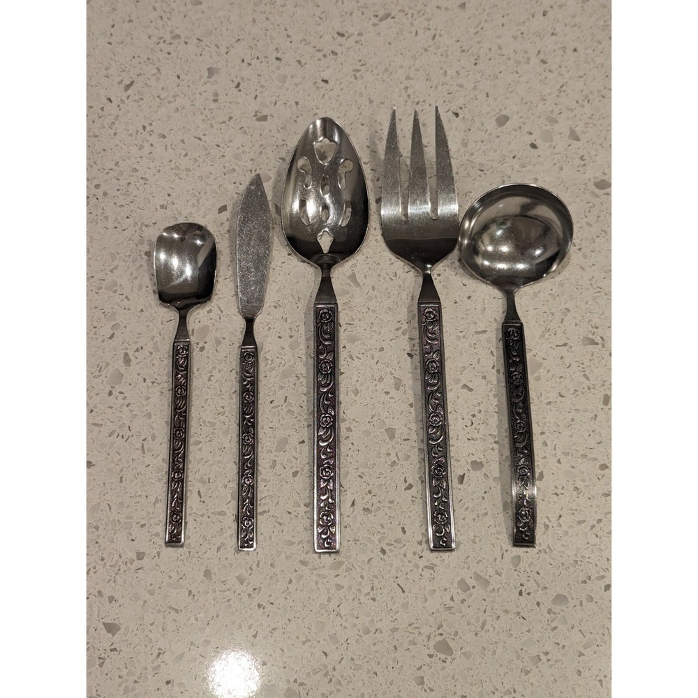 Vintage Nasco National Costellano Rose Floral Stainless Steel Japan Serving Set